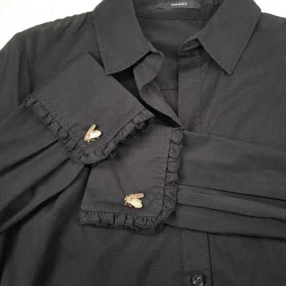 Tahari Black Button Front Shirt French Cuffs Pick Stitch Tailored Stretch SZ M - Picture 7 of 13